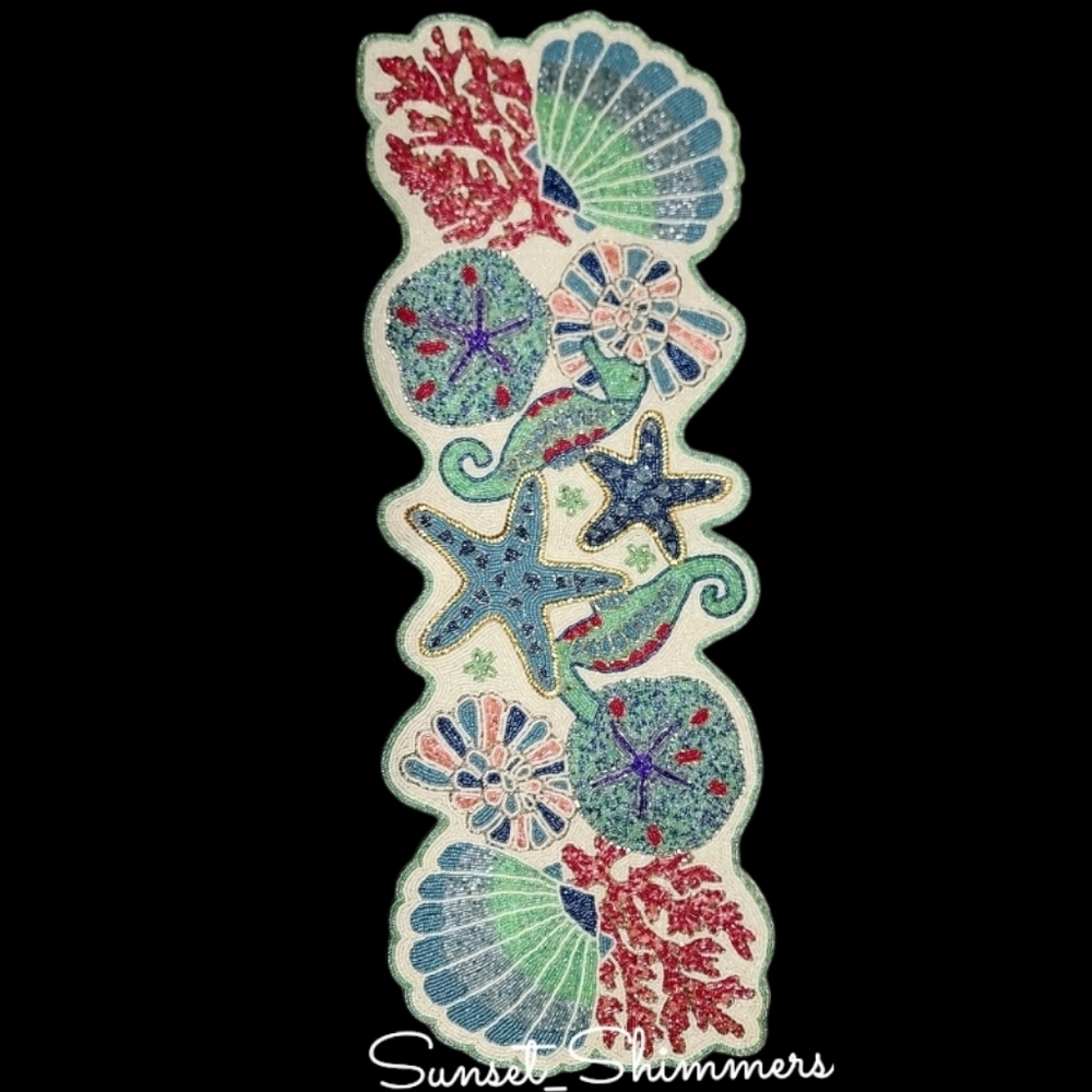 Beaded Seahorse Starfish Seashell Coral Tablerunner Decor Coastal Ocean Beach